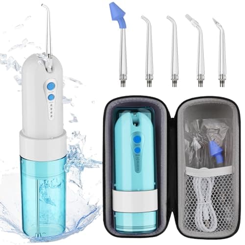 Water Dental Flosser for Teeth Cleaning and Flossing with Travel Size Case – Rechargeable Oral Irrigator, KOOVON Portable Water Flosser for Adults, IPX7 Waterproof, 5 Jet Tips & 4 Modes, Blue