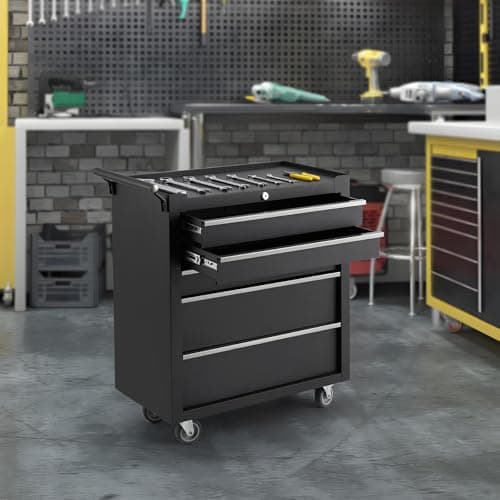 IDEALHOUSE Rolling Tool Chest, 5 Drawers Tool Storage Cabinet, Toolbox with Wheels, Portable Tool Cabinet Organizer with Locking System & Drawer Liners, Tool Storage Cart for Garage, Workshop, Black 9