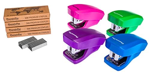 PraxxisPro - Aria Premium Back to School Mini Stapler Set of 4 - with Built-in Staple Removers, 2000 Standard Staples Included - for Office, School,Travel, Blue, Pink, Purple, Green,