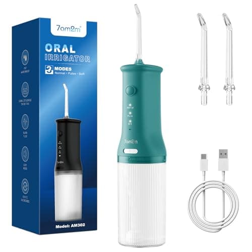 7AM2M Portable Water Flosser Cordless, Water Flosser for Teeth with 3 Modes and 2 Jet Tips, USB C Rechargeable, IPX7 Waterproof, Dental Water Flosser for Travel and Home Use (Peacock Green)