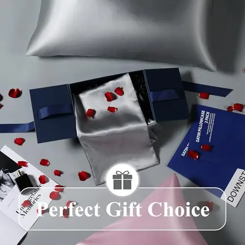 DOWNSTORIA Satin Pillowcase for Hair and Skin Similar to Silk Pillow Cases 2 Pack,Smooth and Cooling, Grey Pillow Cover with Envelope Closure Set of 2, Gifts for Women Men(20x36 Inches, Light Gray) 6