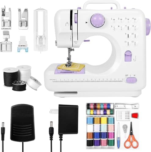 Mini Sewing Machine for Home Use, 12 Stitch Patterns, LED Light & Foot Pedal, 2-Speed Portable Electric Sewing Machine with 32 Spools Thread Kit for Beginners, Kids & Adults