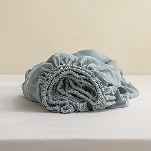 Simple&Opulence 100% Linen Fitted Sheet Full(1 Piece), 14 Inch Deep Pocket Mattress Cover Natural French Flax Stone Washed Farmhouse Soft Breathable Bottom Sheets-Dusty Blue