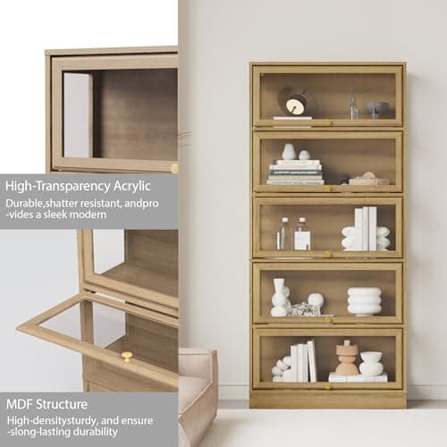 BONITURE Display Cabinet with Acrylic Glass Doors,5-Tiers Curio Cabinet with LED Lighting for Collectibles, Collectibles Toy Organizers Rack & Display Shelf Display Case Storage Cabinet, Nature 7