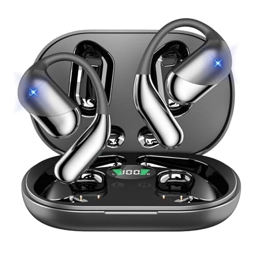 Open Ear Clip Wireless Earbuds Bone Conduction Headphones, Bluetooth 5.4, Open Ear Design, Built-in Mic, IPX7 Waterproof, LED Display Charging Case,Ear Hooks Ear Buds,Design for Running Fitness