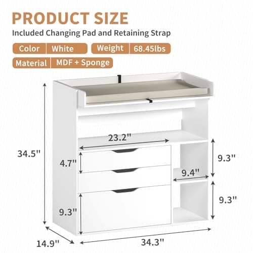 Pipleo Baby Changing Table Dresser with 3 Drawers and 3 Storage Shelves, Can be Used as a Baby Dresser with Changing Table Top, a Baby Changing Station, a Wood Diaper Changing Station (White) 7