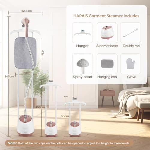 HAPAIS Steamer for Clothes,1800W Standing Garment Steamer with 30s Fast Heat,2L Tank for 1 Hour,Professional Clothes Steamers for 10 Fabric Modes,2-in-1 Flat & Hanging Ironing 6