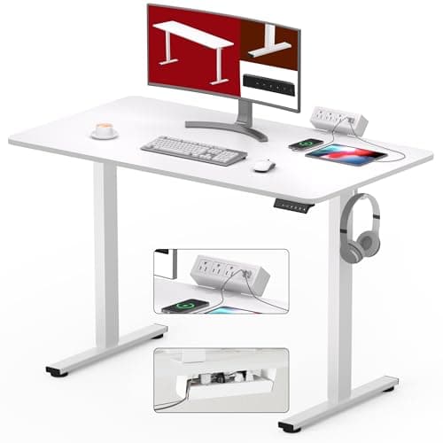 SANODESK Electric Standing Desk with Desk Clamp Power Strip 40"x 24" Whole-Piece Desktop Height Adjustable Stand Up Desk with Cable Management Sit Stand Home Office Desk White Frame/White Top