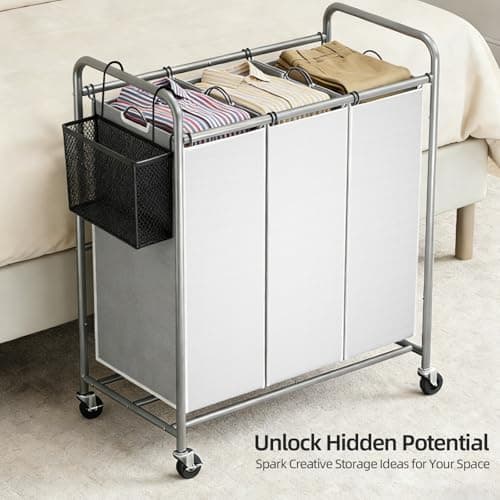 ROMOON Laundry Sorter Hamper 3 Section, Divided Laundry Basket Organizer with Heavy Duty Lockable Wheels and Removable Bags, Rolling Clothes Hamper for Apartment, Dorm & Family (130L Neutral Gray) 6