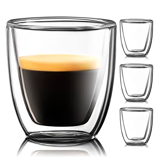 Glass Espresso Cups Set of 4 - Double Walled Espresso Cup 2.7 OZ - Wide Italian Style Clear Doppio Espresso Cup - Double Espresso Cups - Espresso Accessories Small Double Wall Expresso Coffee Cup