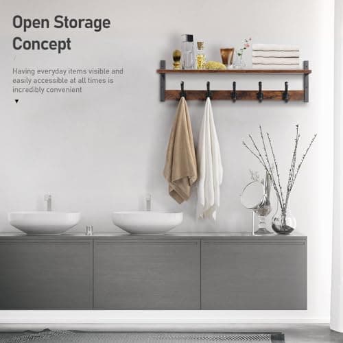 Tatub 29" Rustic Coat Rack Wall Mount with Shelf, Entryway Wall Hooks with Shelf, Coat Hangers for Bathroom, Living Room, Bedroom, Rustic Black 6