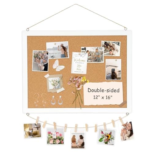 AMUSIGHT Double-Sided Cork Board for Wall, 16" x 12" Hanging Wood Framed Small Bulletin Board, Picture Display Vision Board Corkboards for Wall Room School Office Decor, 20 Pushpins (Vintage White)