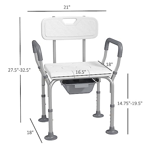 HOMCOM 3-in-1 Shower Chair with Back and Arms, Height Adjustable Bedside Commode, Raised Toilet Seat with Non-Slip Rubber Foot Pad for Seniors, Disabled, White 5
