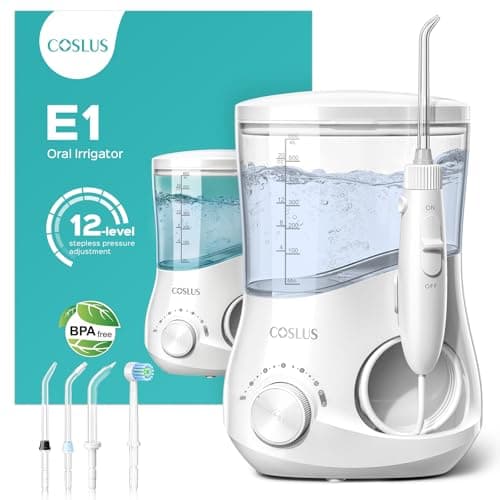 COSLUS E1 Electric Water Flosser for Teeth: Professional Dental Pick for Orthodontic, Sensitive Gums, Braces - 12 Pressure Settings & ​​5 Multi-Functional Tips for Multiple Users, Home Use, White