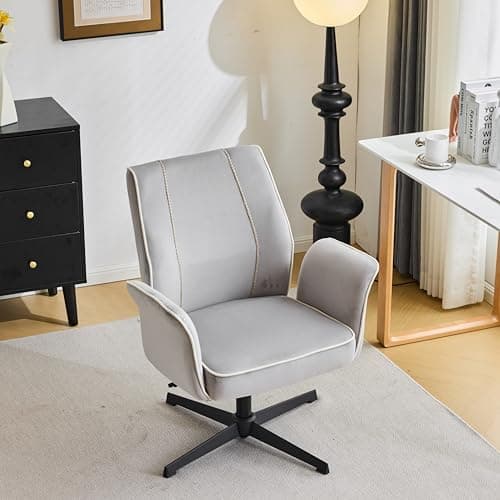 VINGLI Bloom Chair,Comfy Home Office Desk Chair No Wheels,Padded Armrests,Aesthetic Vanity Accent Chair with Back,360° Swivel Rolling for Task,Nail Tech,Dinning,Sewing,Study,Bedroom,Velvet,Grey