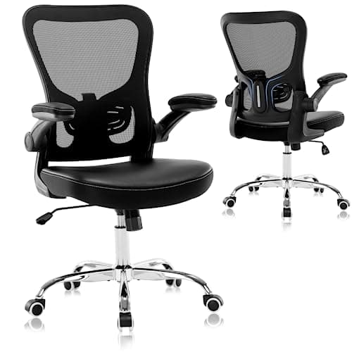 Office Chair, Mesh Ergonomic Desk Computer Chair with PU Leather Flip-up Armrest, Home Task Chair with Lumbar Support, Adjustable Executive Mid Back, Rolling Swivel,Black
