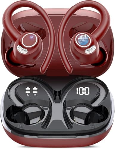 Jesebang Wireless Earbuds Bluetooth 5.4 Headphones Sport, 2025 Wireless Earphones with Earhooks, HiFi Stereo Deep Bass with ENC Mic, 40H Dual LED Display, IP7 Waterproof Ear Bud for Small Ear, Red