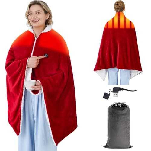 Soft Flannel Battery-Powered Heated Shawl, Thick Warm Christmas Blanket, Portable Outdoor Warm Blanket, Three Temperature Settings (Power Bank Not Included, Red)