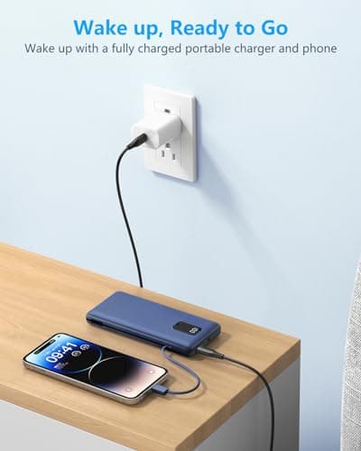 charmast Portable Charger with Built-in Cables and Plug, 10000mAh USB C Power Bank Fast Charging, External Battery Pack Slim, Travel Essentials Compatible with iPhones, Samsung Galaxy, iPad 7