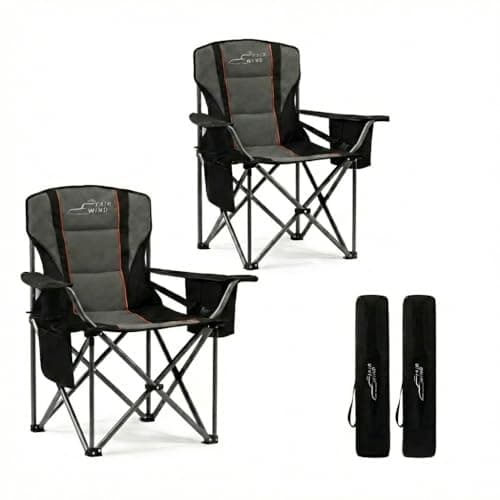 FAIR WIND 2 Pack Oversized Camping Chair 500LBS Capacity Heavy Duty Padded Folding Chair for Heavy People Portable Lawn Chair with Adjustable Lumbar Support, Cooler Bag & Cup Holder for Outdoor, Beach