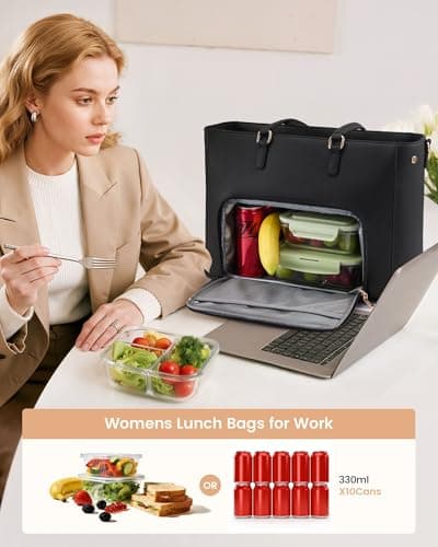 LOVEVOOK Lunch Tote Bag for Women, 3 in 1 Work Bag with Insulated Lunch Compartment, Laptop Bag with Large Cup Holder for Office, College, Casual, Black 5