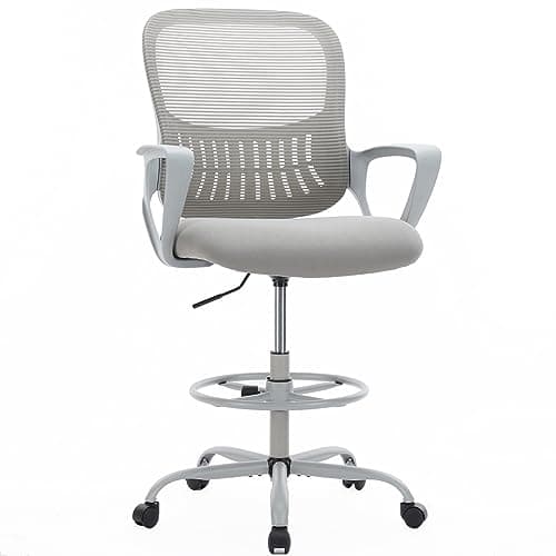 MCQ Drafting Chair with Fixed Armrests and Foot-Ring, Tall Office Chair for Standing Desk Adjustable Height Office Desk Chair for Home Office, Breathable Mesh Swivel Rolling Tall Chair Grey 9