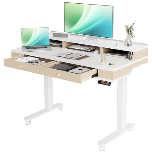 Claiks Standing Desk with Drawers, Electric Adjustable Standing Desk Adjustable Height, Sit Stand Up Desks with Storage Shelves & Wheels, 48 Inch White