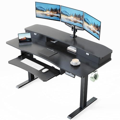 HUANUO 55" x 26" Electric Standing Desk with 2 Drawers & 26.7" Large Keyboard Tray, C-Clamp Mount Compatible, Adjustable Computer Desk for Home Office, Stand Up Desk with 4 Height Presets, Black