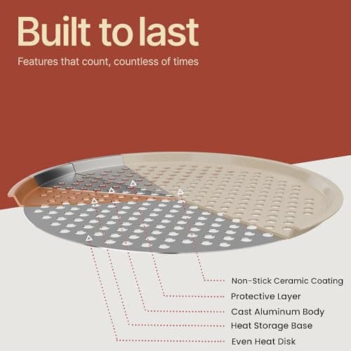 Bakken Pizza Baking Pan - Round Perforated Carbon Steel Pan with Non-Stick Marble Coating, Oversized Silicone Handle, Dishwasher Safe, High-Temperature Resistant, Durable & Easy Cleanup White, 1 Pack 8