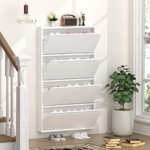 GREATMEET Metal Shoe Cabinet with 4 Flip Drawers, Wall Mount Shoe Organizer for Entryway, Narrow Shoe Storage Cabinet for Entryway Slim, Hidden Shoes Rack (White, 4 FILP Drawers)