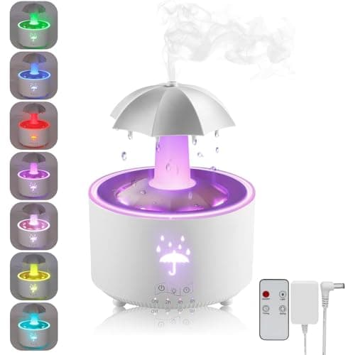 Humidifier for Bedroom, Rotating Umbrella Diffuser with Rain Drop Effect 7-Color LED, 300ML Small Humidifier with Remote & Timer, Funny Rain Humidifiers Gift for Family and Friends (White)