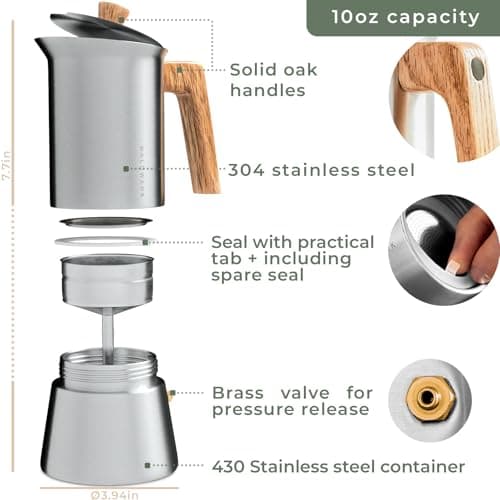 WALDWERK Stainless Steel Moka Pot (10oz) - Toxic Free Moka Pot with Oak Wood Handle - Stovetop Espresso Maker - Italian Coffee Maker for Stovetop and Induction 6