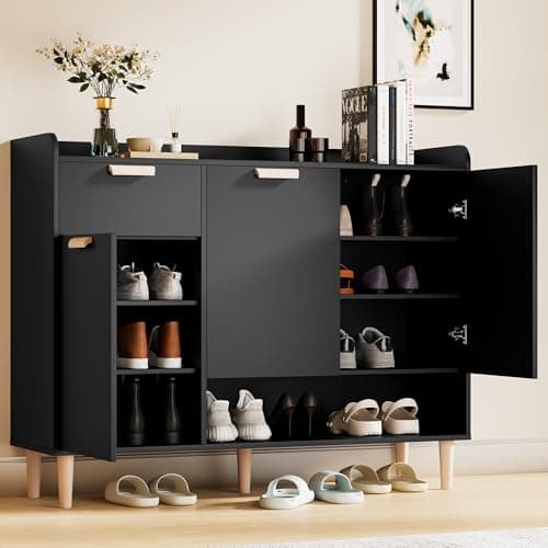 Cozy Castle 47.2'' Shoe Cabinet with Doors & Drawer, 4-Tier Shoe Organizer Cabinet with Adjustable Shelves, Freestanding Wood Storage Rack for Entryway Hallway, Living Room, Black