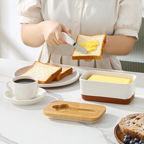 MALACASA Butter Dish with Lid, Large Butter Dish for Countertop, Ceramic Butter Keeper Container with Knife and Bamboo Lid, White, Series TARA 9