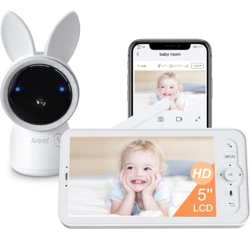 ARENTI Baby Monitor, 2K Smart Baby Camera with 5-Inch Upgraded Wireless Display, Super Night Vision, Lullabies, Cry & Motion Detection, Temp & Humidity Sensor, Two Way Audio