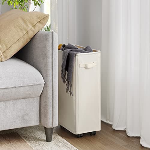 Chrislley 45L Slim Laundry Hamper with Wheels Narrow Rolling Laundry Basket Foldable Dirty Clothes Portable Skinny Hamper Organizer Storage Bins (23.2 inches, Beige 1) 5
