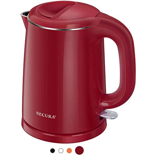 Secura Stainless Steel Double Wall Electric Kettle Water Heater for Tea Coffee w/Auto Shut-Off and Boil-Dry Protection, 1.0L (Red) SWK-1001DR/HB-K012