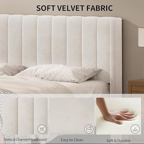 QNZK Queen Size Upholstered Platform Bed Frame with Modern Wingback & Vertical Panel Headboard, Velvet Fabric, Wooden Legs & Slats Support, No Box Spring Needed, Noise-Free & Easy Assembly, Cream 6