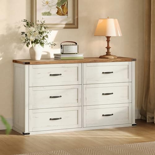 VASAGLE LIRY Collection - 6-Drawer Dresser for Bedroom, 54-Inch Wide Modern Farmhouse Chest of Drawers with Metal Handles, TV Stand, for Living Room, Entryway, Anti-Tipping, Rustic White ULTS661WJ01S