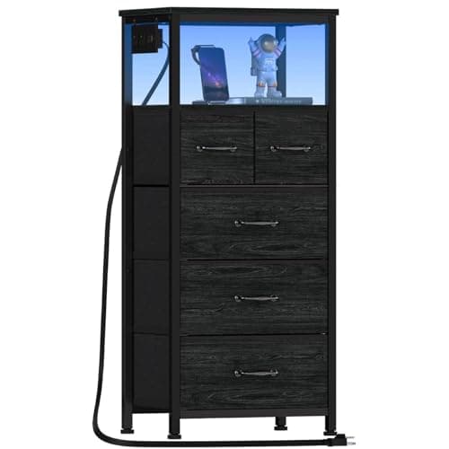 Furnulem Dresser for Bedroom, Tall Nightstand, Vertical Chest with Wood Top, Charging Station, LED Lights, 5 Fabric Bins, Bedside Table with Shelf, Furniture for Entryway (5 Drawer, Black Oak)
