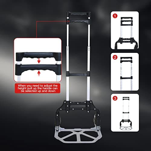Abacad Folding Hand Truck Dolly Cart，Aluminum Portable Hand Cart for Daily handling Work，180lbs, with Silent Wheel，Telescoping Handle，Black Bungee Cord, Can Stand Alone，Light Weight 7