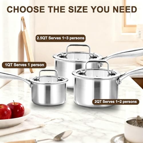 DELARLO Stainless Steel Small Brushed Saucepan With Lid, Induction Cooking Sauce Pot Pan, Full-body Clad Tri-Ply Heavy Duty Saucier Cookware, Dishwasher Safe & Oven Safe(2 Quart) 5