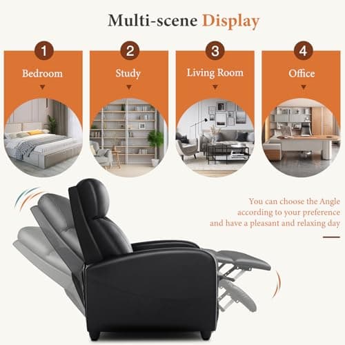 Sweetcrispy Recliner Chair PU Leather Recliner Sofa No Massage, Home Theater Seating with Lumbar Support, Adjustable Push Back Overstuffed High-Density Sponge Reclining for Living Room, Black 7