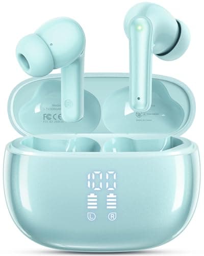 HUIFU Wireless Earbuds Bluetooth Headphones, Ear Buds with Deep Bass, 40H Long Playtime, Power Display, IPX7 Waterproof in Ear Earphone with Mic for Phone Tablet Sports Workout, Mint Green