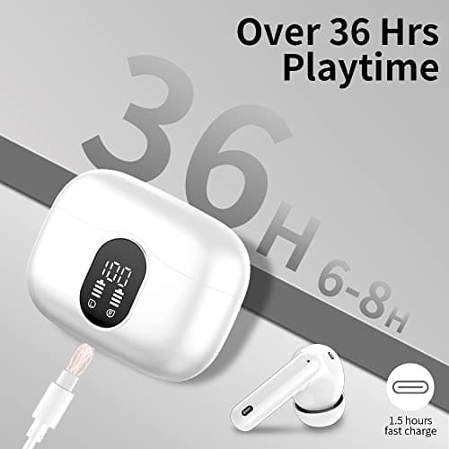 Btootos Wireless Earbuds Bluetooth 5.4 Headphones Bass Stereo Ear Buds with Noise Cancelling Mic LED Display in Ear Earphones IP7 Waterproof 36H Playtime for Laptop Pad Phones Sports Workout White 7