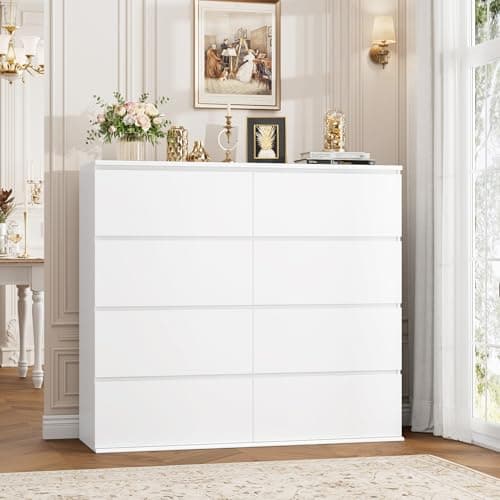 FINETONES 8 Drawer Dresser for Bedroom, White Dresser Double Chest of Drawers, Modern Wood Dressers with Deep Drawers for Living Room,White