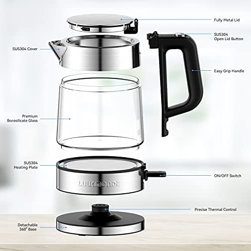 LUUKMONDE Electric Kettle, 1L 1500W, Small Glass Tea Kettle, Hot Water Boiler with LED Indicator, Cordless Water Heater Kettle, BPA-Free, Fast Boiling, Auto Shut-Off, Boil-Dry Protection 8