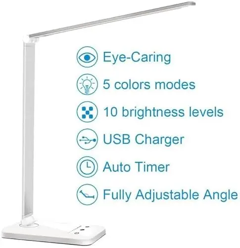 White crown LED Desk Lamp Dimmable Table Lamp Reading Lamp with USB Charging Port, 5 Lighting Modes, Sensitive Control, 30/60 Minutes Timer (White, First-Generation) 10