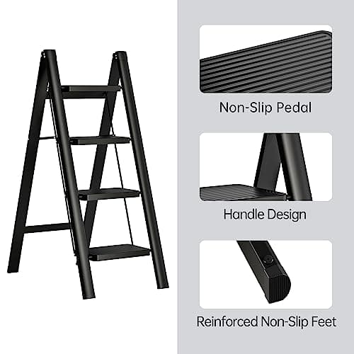 JOISCOPE 4 Step Ladder,Lightweight Folding Step Stool with Anti-Slip Pedal,600 lbs Portable Sturdy Steel Ladder for Adults,Multi Purpose Folding Ladder for Home Kitchen Office,Space Saving,Black 5