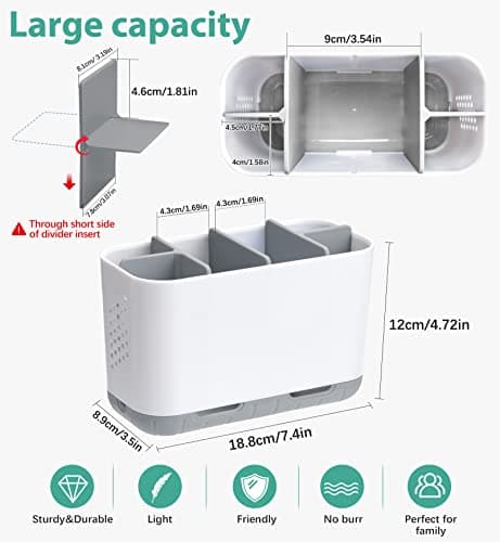 Boperzi Toothbrush and Toothpaste Holder Drainage for Bathroom Countertop with Adjustable Dividers, Large Toothpaste Caddy Organizer Storage Rustic Decor Set Anti-Slip for Shower,Family,Kids Gray 5